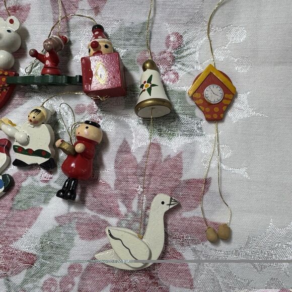 Vtg Wooden Mini Christmas Ornaments Lot 12pcs German Taiwan Clock Mouse Chimney - Picture 3 of 11